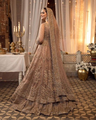 Embroidered Gold Lehenga And Maxi Outfit For Pakistani Bridal