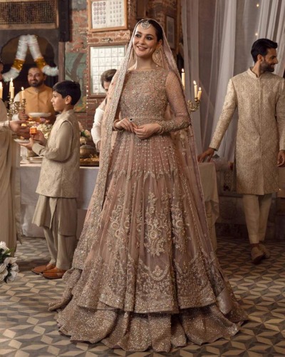 Embroidered Gold Lehenga And Maxi Outfit For Pakistani Bridal