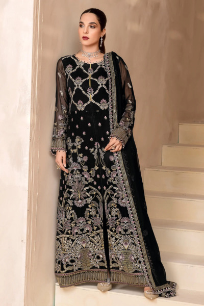 Pakistani Party Embellished Black Long Kameez