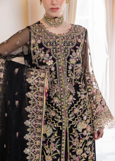 Pakistani Black Embroidered Front Open Gown - Image 2