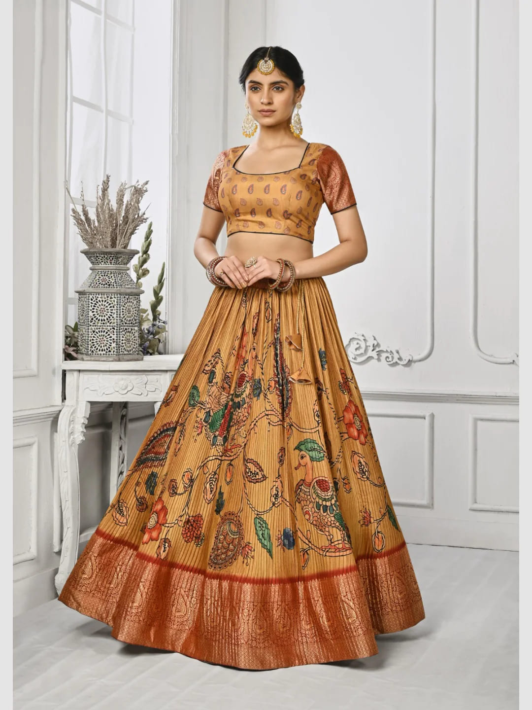 Floral Mustard Kalamkari Lehenga Choli