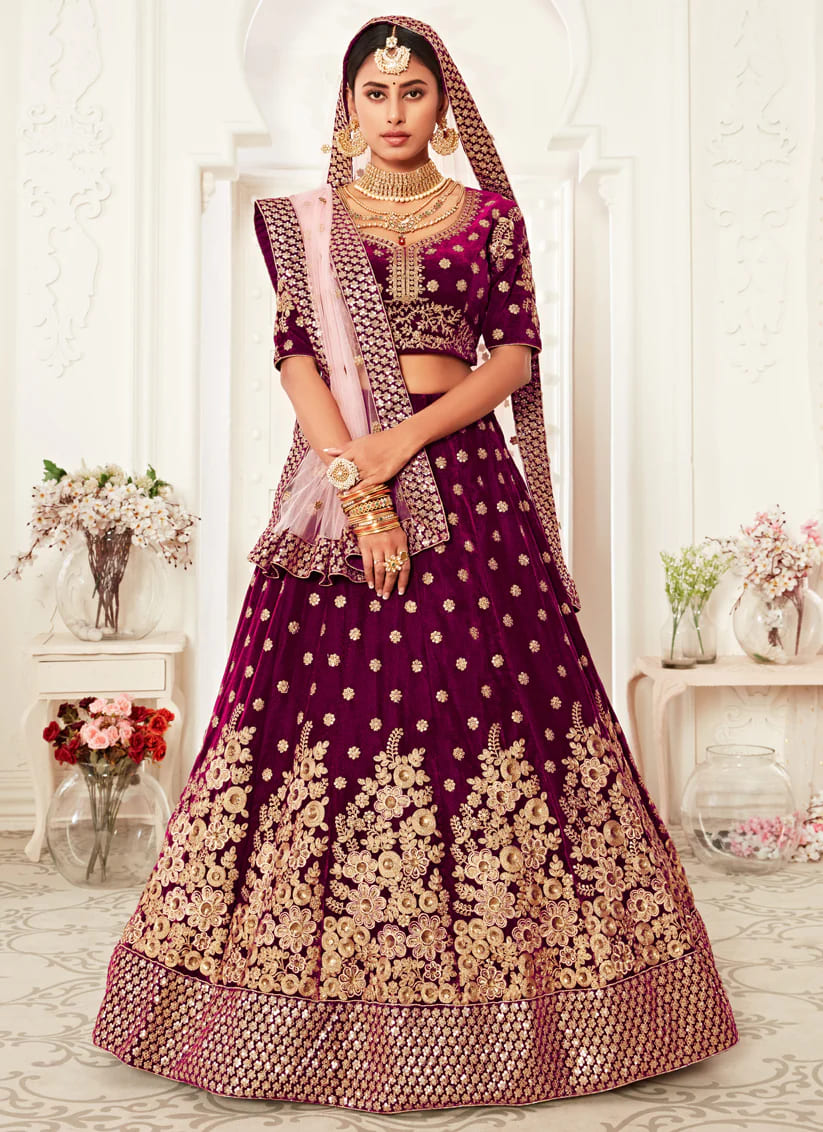 Purple Velvet Weaved Lehenga Choli