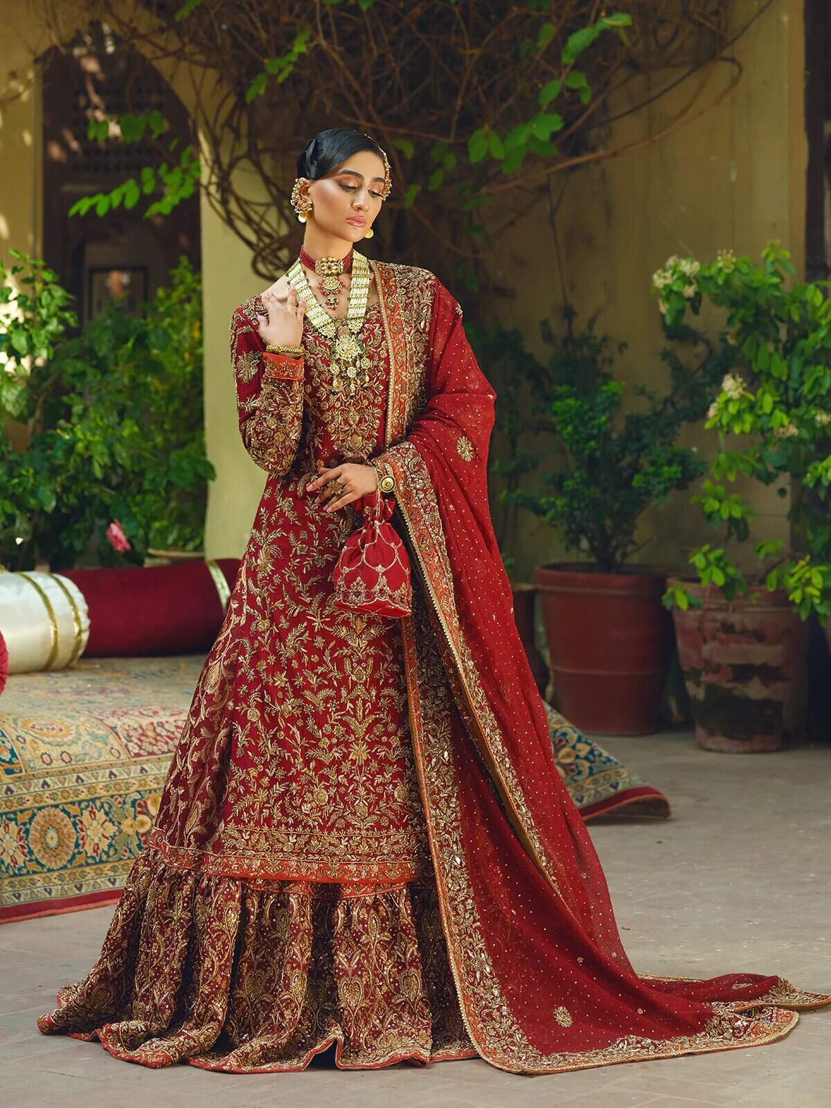 Embroidered Red Lehenga Shirt And Dupatta Pakistani Bridal Outfit