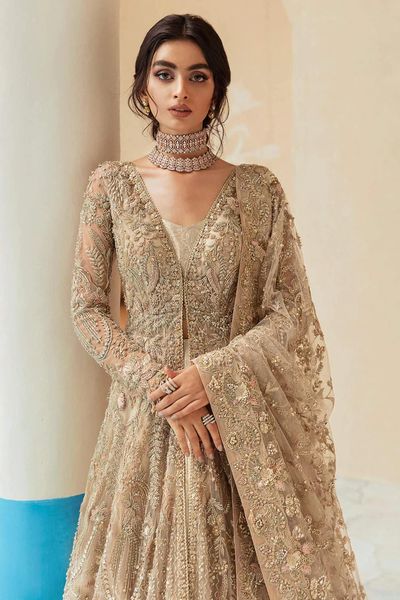 Embroidered Golden-beige Pakistani Bridal Lehenga Bridal Dress