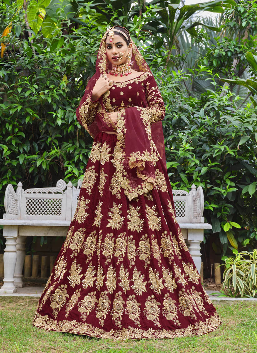 Indian Maroon Velvet Lehenga Choli