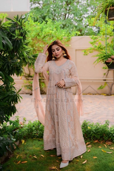 Pakistani Party Powder Pink Angrakha Frock - Image 3