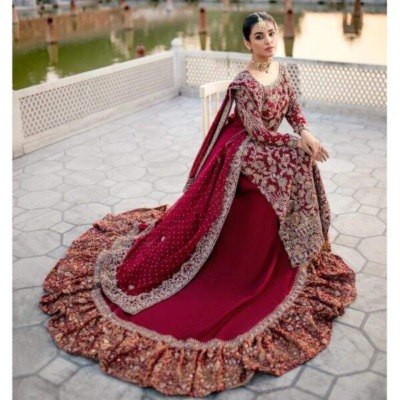 Pakistani Bridal Dress Red Long Tail Farshi Lehenga Outfit