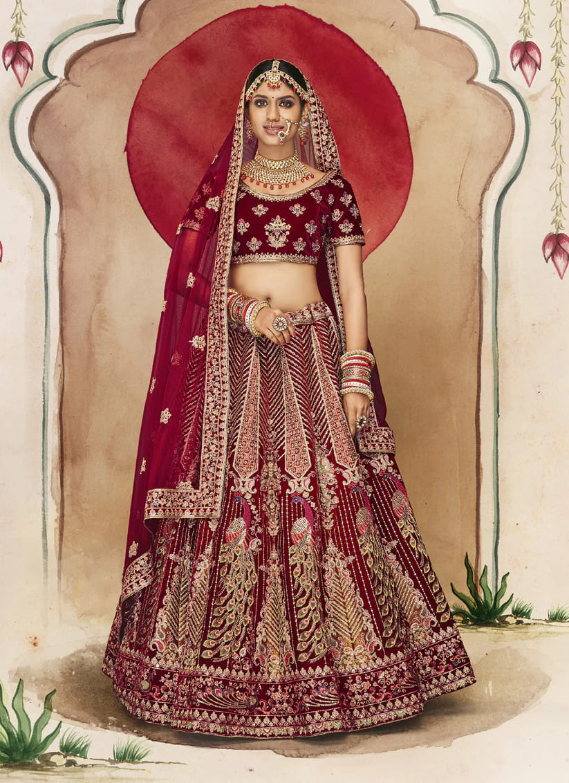 Maroon Velvet Weaved Wedding Lehenga Choli-3