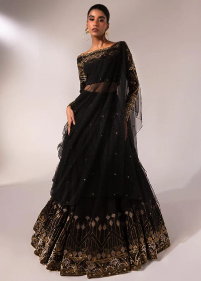 Pakistani Raw Silk Black Lehenga Choli - Image 5