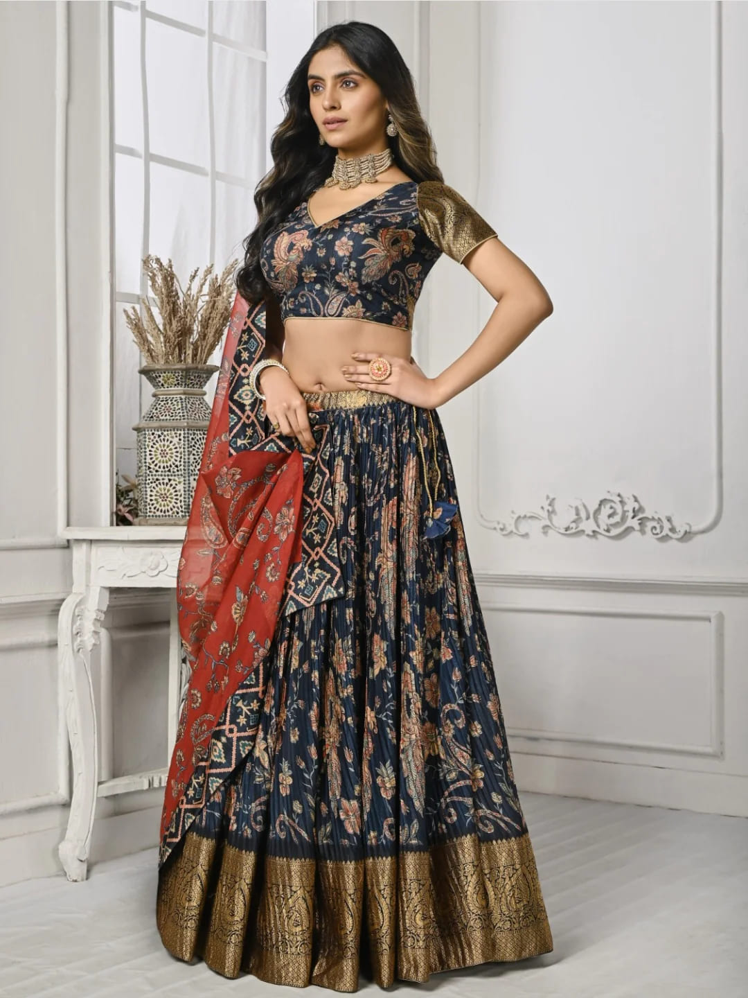 Dark Grey Kalamkari Flared Style Silk Lehenga Choli