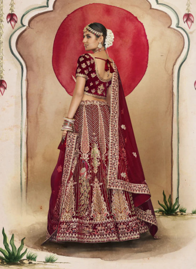 Maroon Velvet Weaved Wedding Lehenga Choli-2