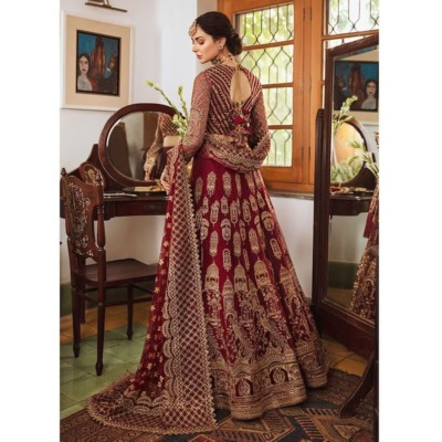 Embroidered Maroon Bridal Net Maxi With Dupatta