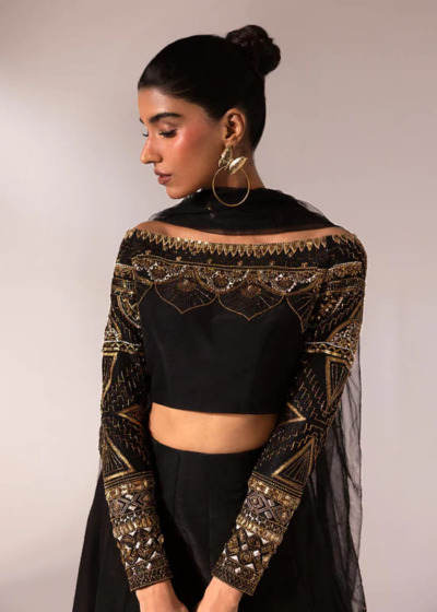 Pakistani Raw Silk Black Lehenga Choli - Image 4