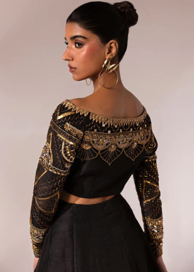 Pakistani Raw Silk Black Lehenga Choli - Image 3