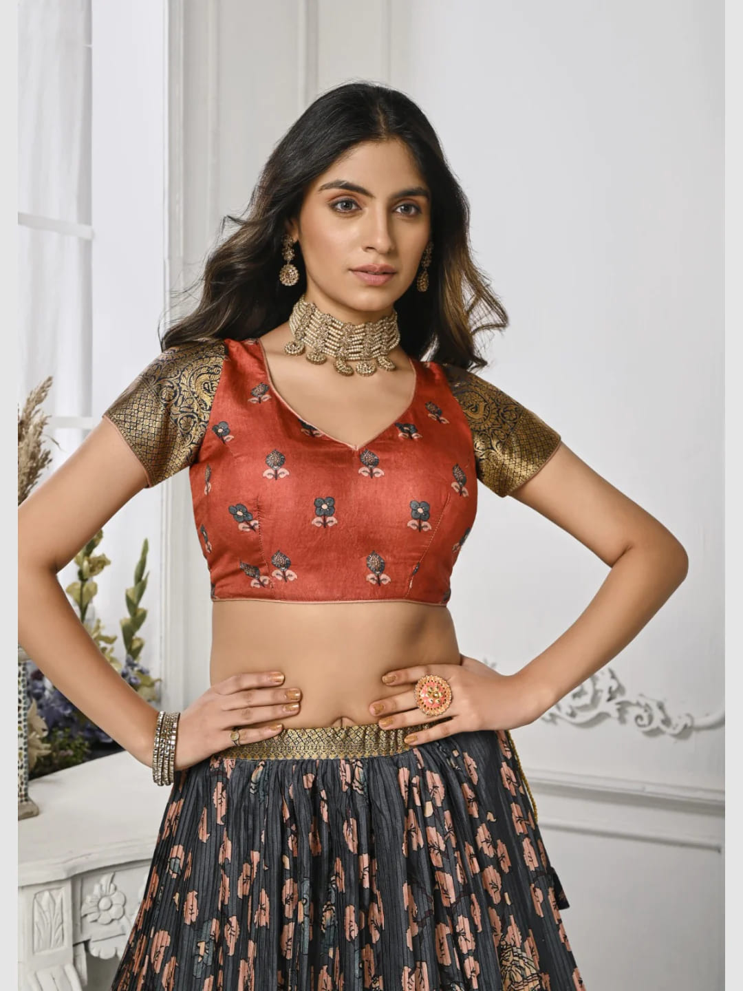 Dark Grey Kalamkari Flared Style Silk Lehenga Choli