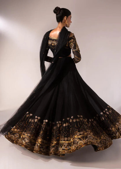 Pakistani Raw Silk Black Lehenga Choli - Image 2