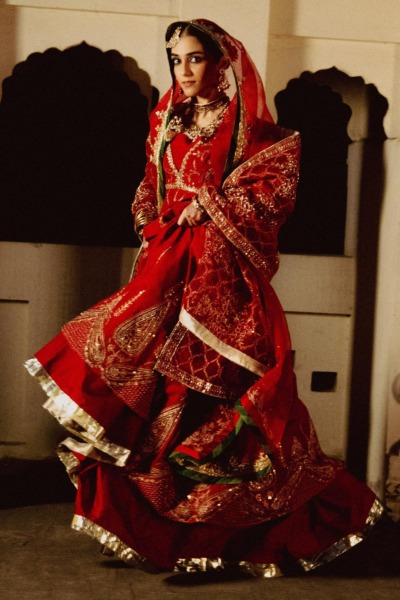 Pakistani Embroidered Bridal Dress In Pishwas And Lehenga Style