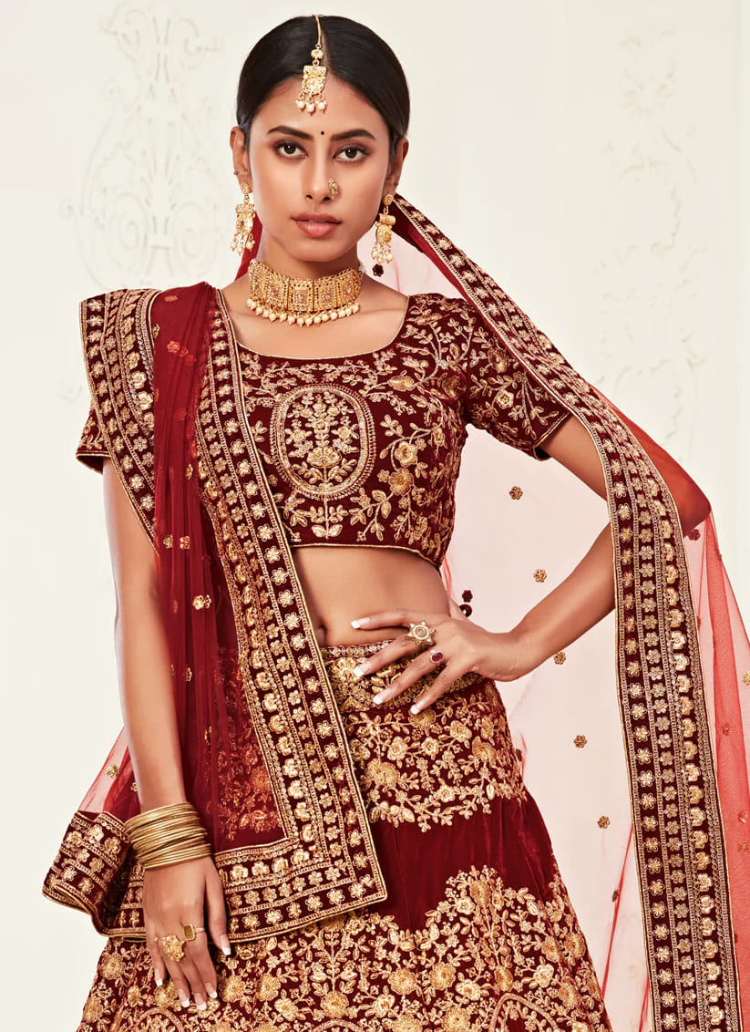 Red Velvet Weaved Marriage Lehenga Choli 1