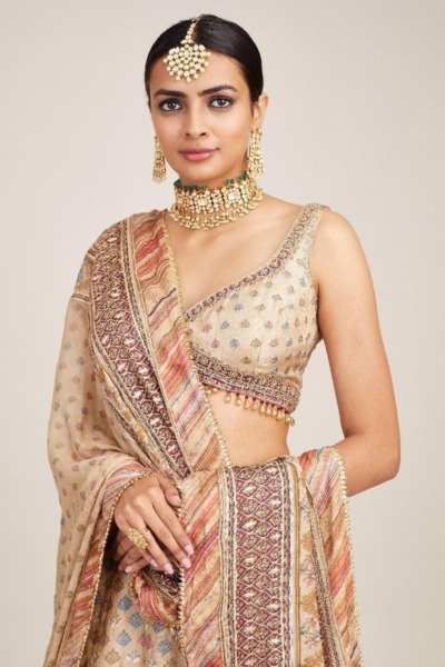 Indian Bridal Beige Blossom Silk Lehenga