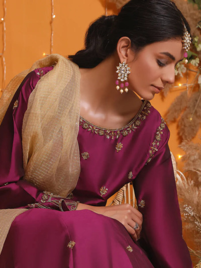 Pakistani Wedding Purple Silk Pishwas Outfit - Image 2