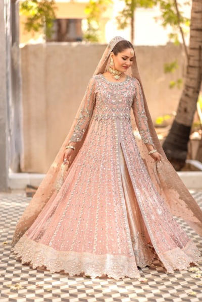 Pakistani Bridal Rose Pink Front Open Kalidar Pishwas Dress - Image 4