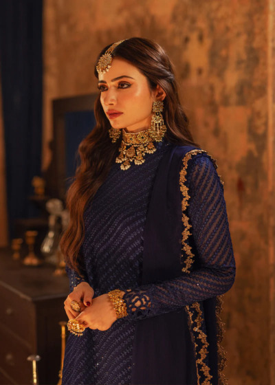 Embroidered Dark Blue Pakistani Party Dress - Image 2