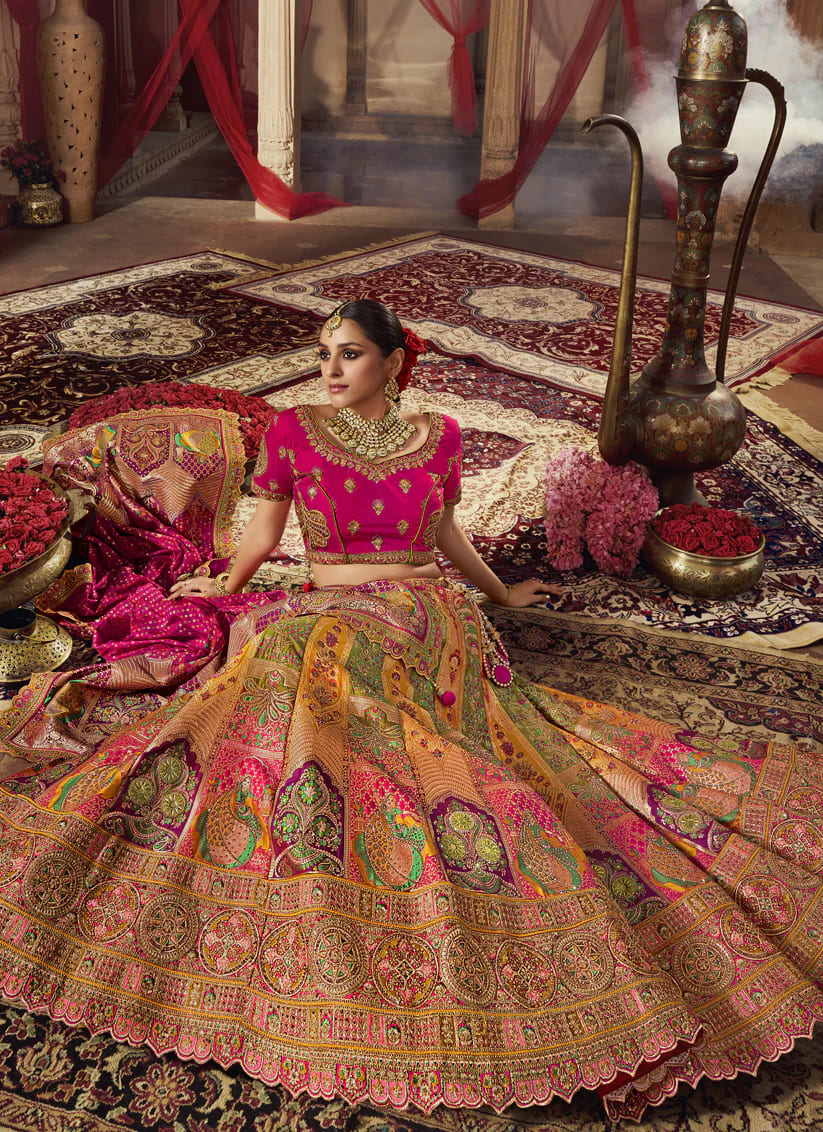 Indian Bridal Multicolor Banarasi Silk Lehenga