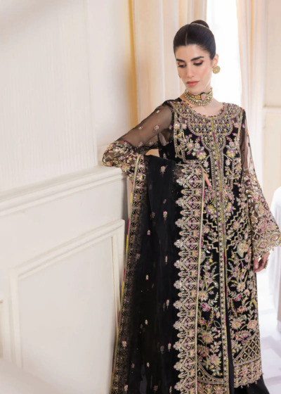 Pakistani Black Embroidered Front Open Gown - Image 3