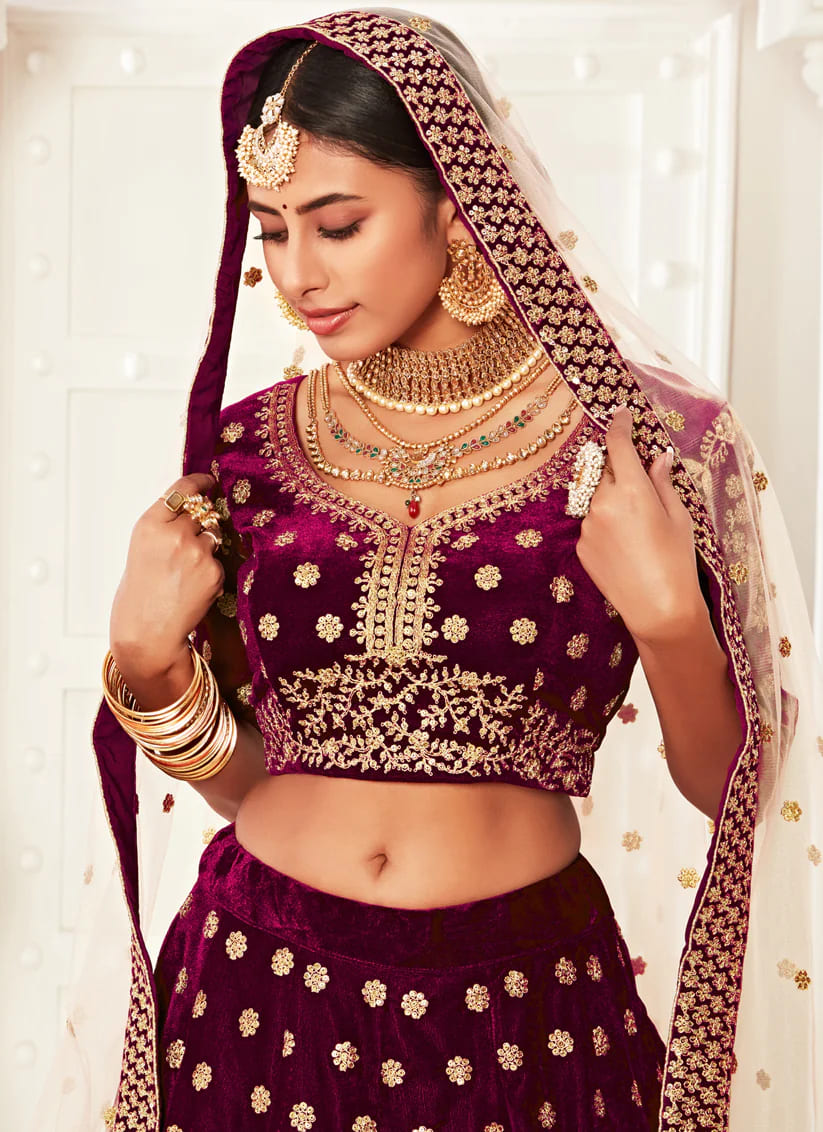 Purple Velvet Weaved Lehenga Choli 1