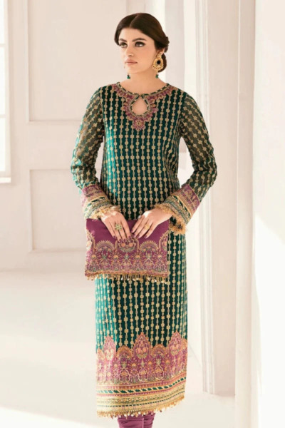 Pakistani Party Green Kameez Purple Salwar - Image 3