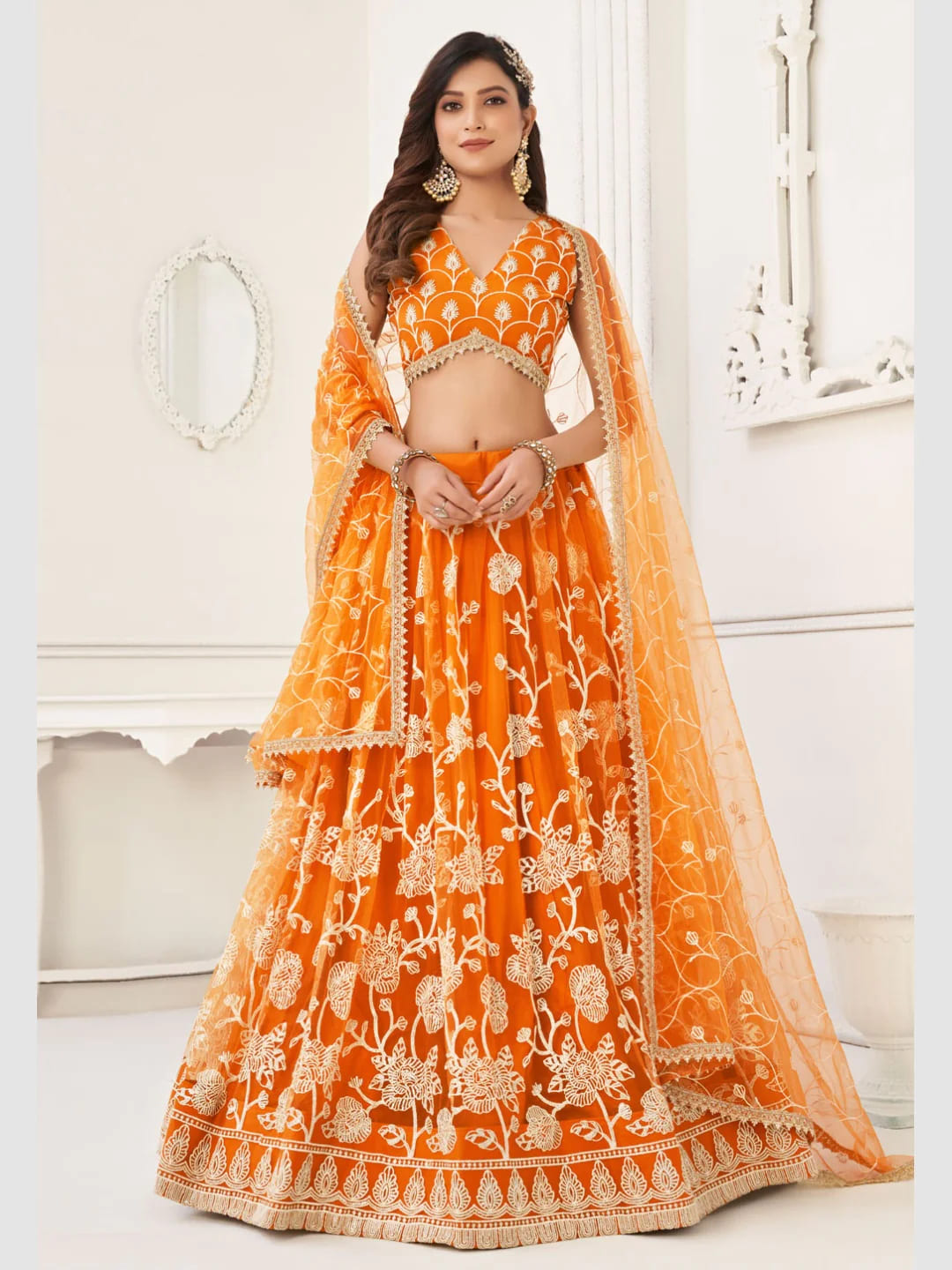 Orange Butterfly Style Net Lehenga Choli