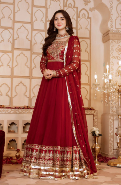 Pakistani Embroidered Maroon Kalidar Party Wear - Image 2