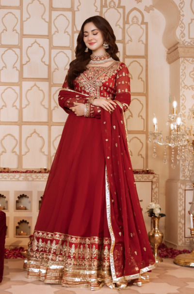 Pakistani Embroidered Maroon Kalidar Party Wear - Image 3