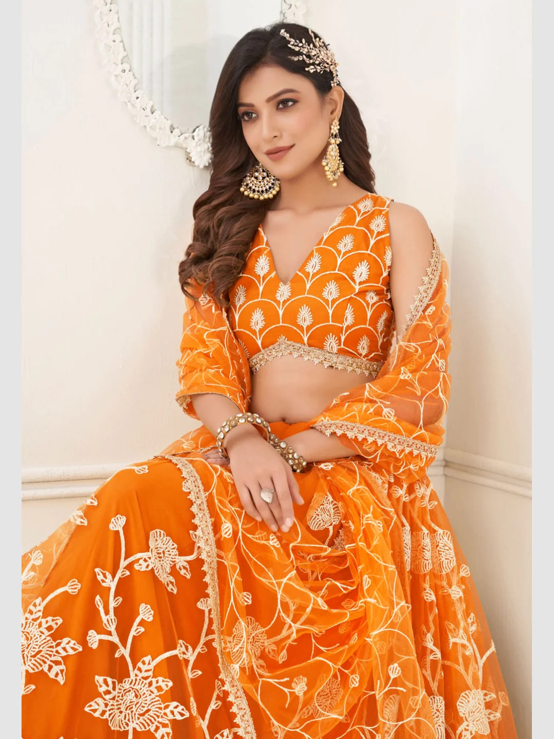 Orange Butterfly Style Net Lehenga Choli