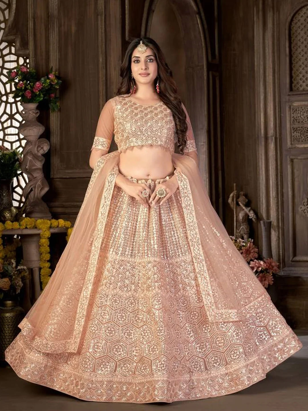 Embellished Peach Puff sleeve Lehenga Choli