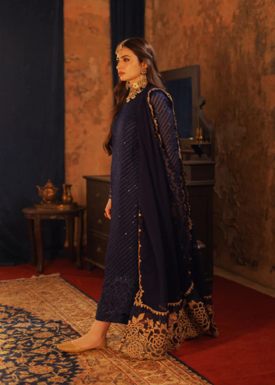 Embroidered Dark Blue Pakistani Party Dress - Image 3