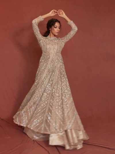 Silver Gold Tissue Embroidered Zardozi Work Bridal Dress