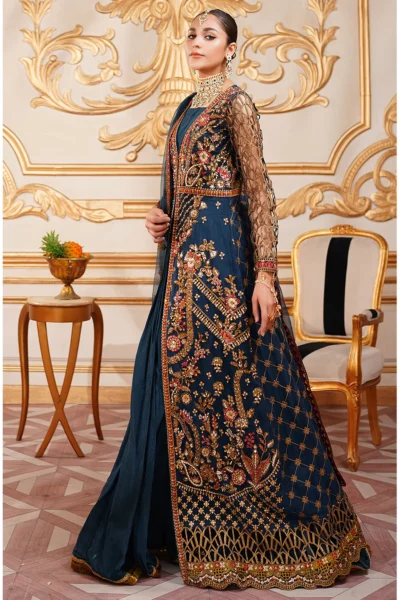 Blue Open Kameez With Crush Trouser - Image 3