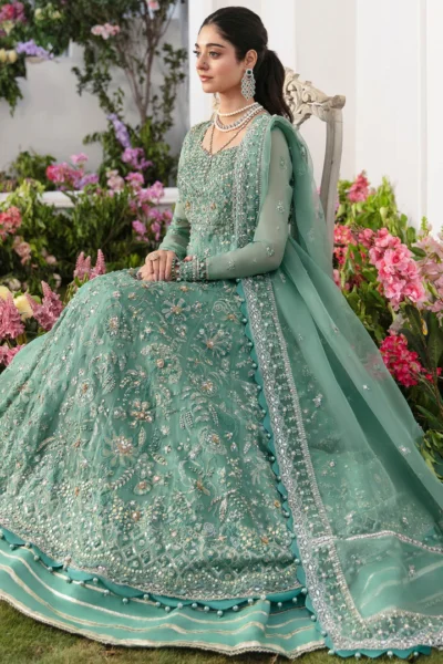 Green Pakistani Long Frock Party Wear - Image 4