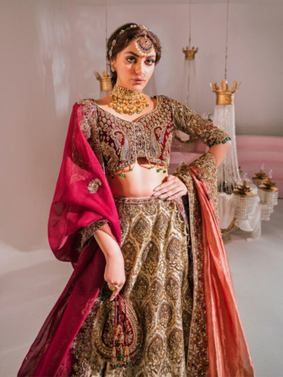 Maroon Pakistani Wedding Dress In Gown And Dupatta Style