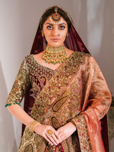 Maroon Pakistani Wedding Dress In Gown And Dupatta Style