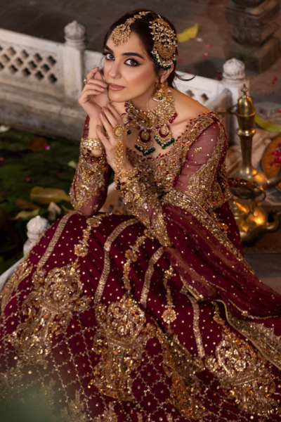 Bridal Outfit Maroon Long Tail Lehenga Gown Wedding Dress