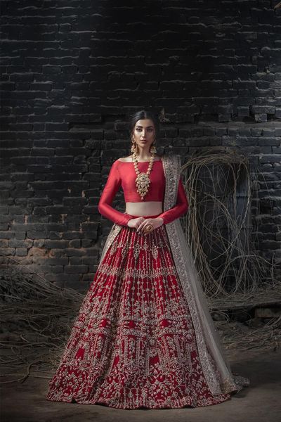 Pakistani Embellished Royal Red Velvet Lehenga Bridal Dress