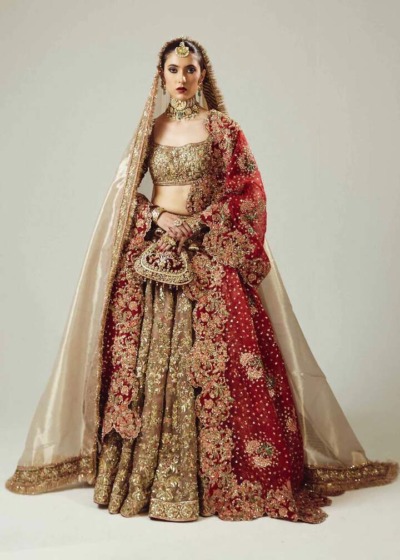 Golden Lehenga Choli With Maroon Dupatta Pakistani Bridal Dress