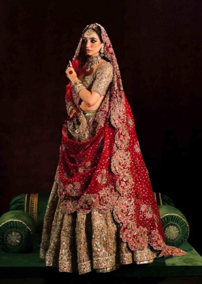 Golden Lehenga Choli With Maroon Dupatta Pakistani Bridal Dress