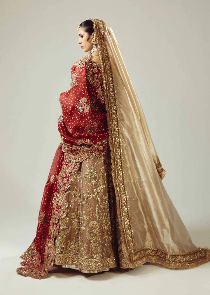 Golden Lehenga Choli With Maroon Dupatta Pakistani Bridal Dress