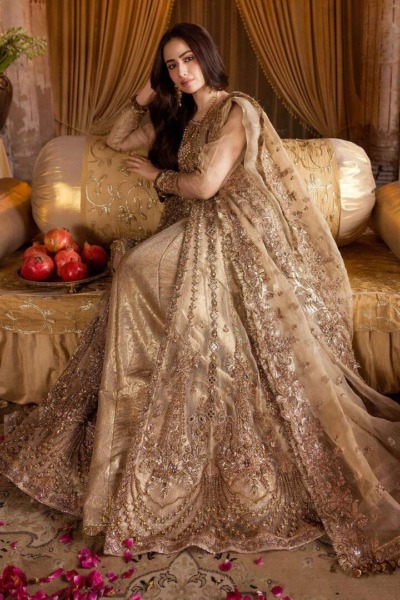 Pakistani Antique Gold Embroidered Open Lehenga Bridal Dress