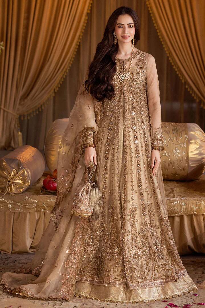 Pakistani Antique Gold Embroidered Open Lehenga Bridal Dress