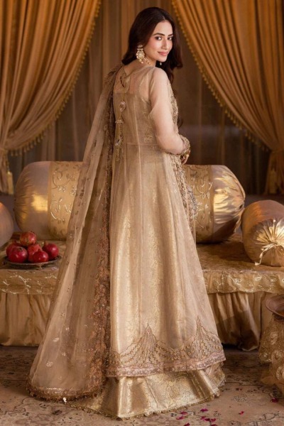 Pakistani Antique Gold Embroidered Open Lehenga Bridal Dress