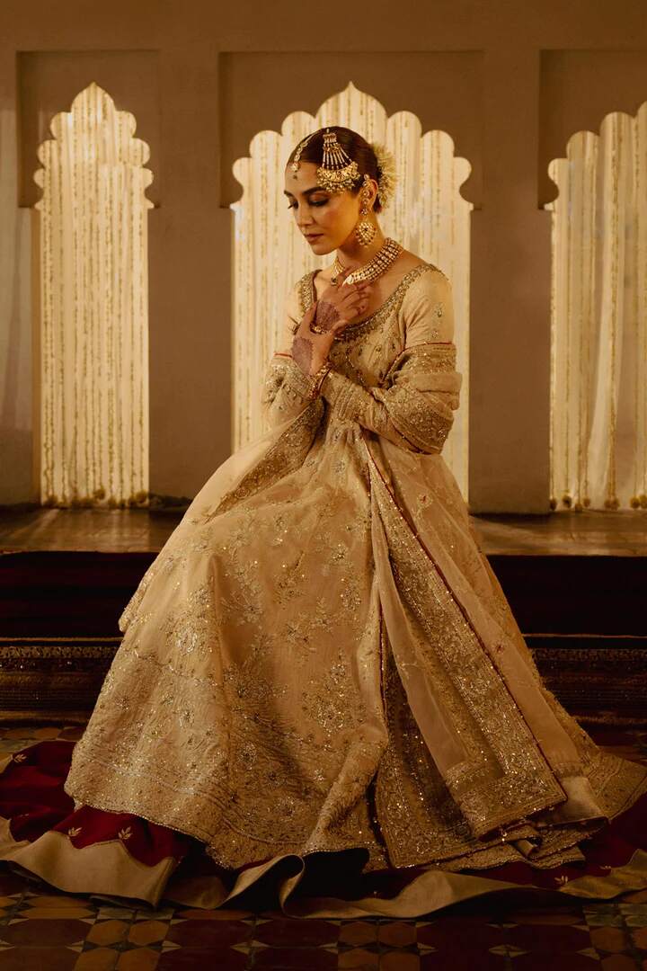 Nikah Dress In Pishwas Gown And Crude Silk Lehenga Style